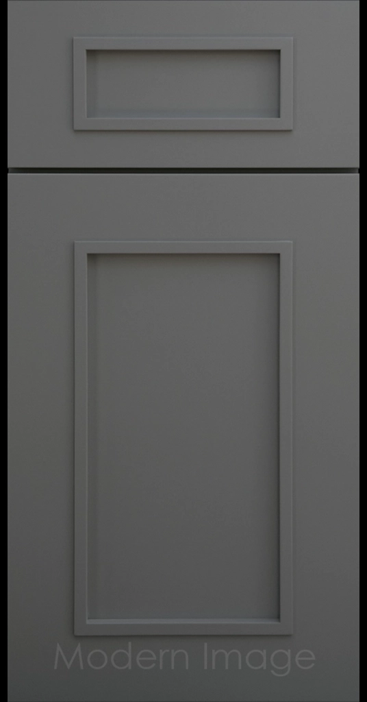 Gilbert cabinet a recessed flat panel and elevated molding in Gun Metal color.